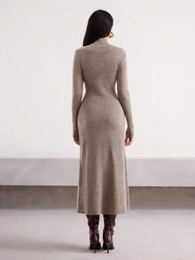 Heiryn Vestido de punto de unicolor con cuello alto, manga larga y bajo con abertura lateral, para otoño/invierno - Camel - Ver 2