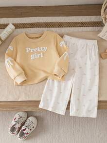 SHEIN 女婴新生儿0-3岁休闲日常蝴蝶结装饰粉色短款圆领长袖卫衣和灯芯绒裤套装，秋冬季女婴长袖套装 - 米色 - 查看 3