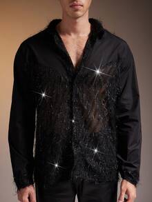 FeverCity Men's Sexy Mesh Patchwork Front Button Long Sleeve Shirt - Black - View 5
