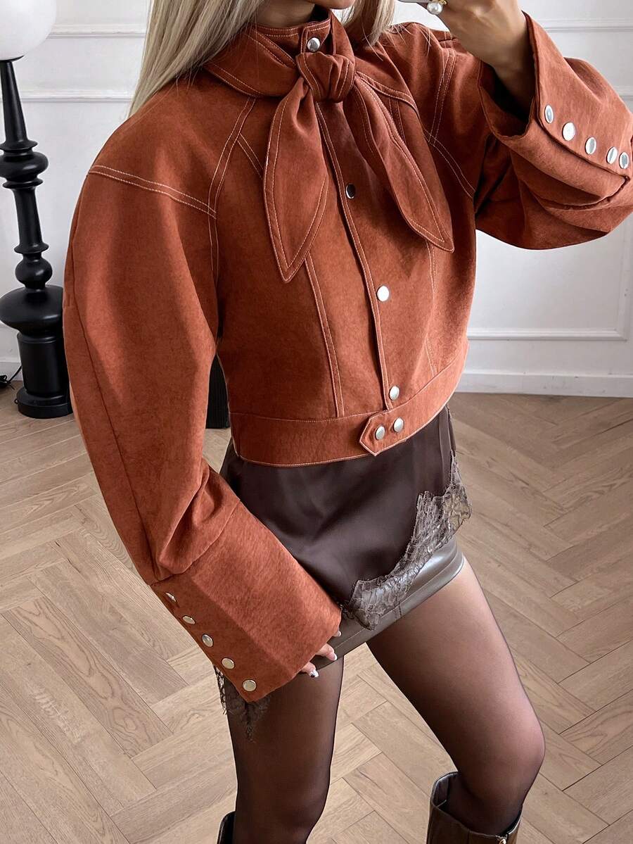 Siren Gaze Women's Autumn Fashionable Commuter Tie Collar Jacket Crop Top Jacket Brown Blouse Rust Brown Top Cropped Jacket Cropped Blouse,Winter Clothes For Women,Women's Winter Jacket ,Women's Winter Coat Winter Jacket For Women Casual Spring - Mocha Brown - View 1