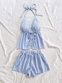 Soleia 女士度假时尚经典豹纹V领吊带性感吊带背心和宽松超短裤两件套，适合约会、派对、城市街头度假 - 藍白色 - 查看 4