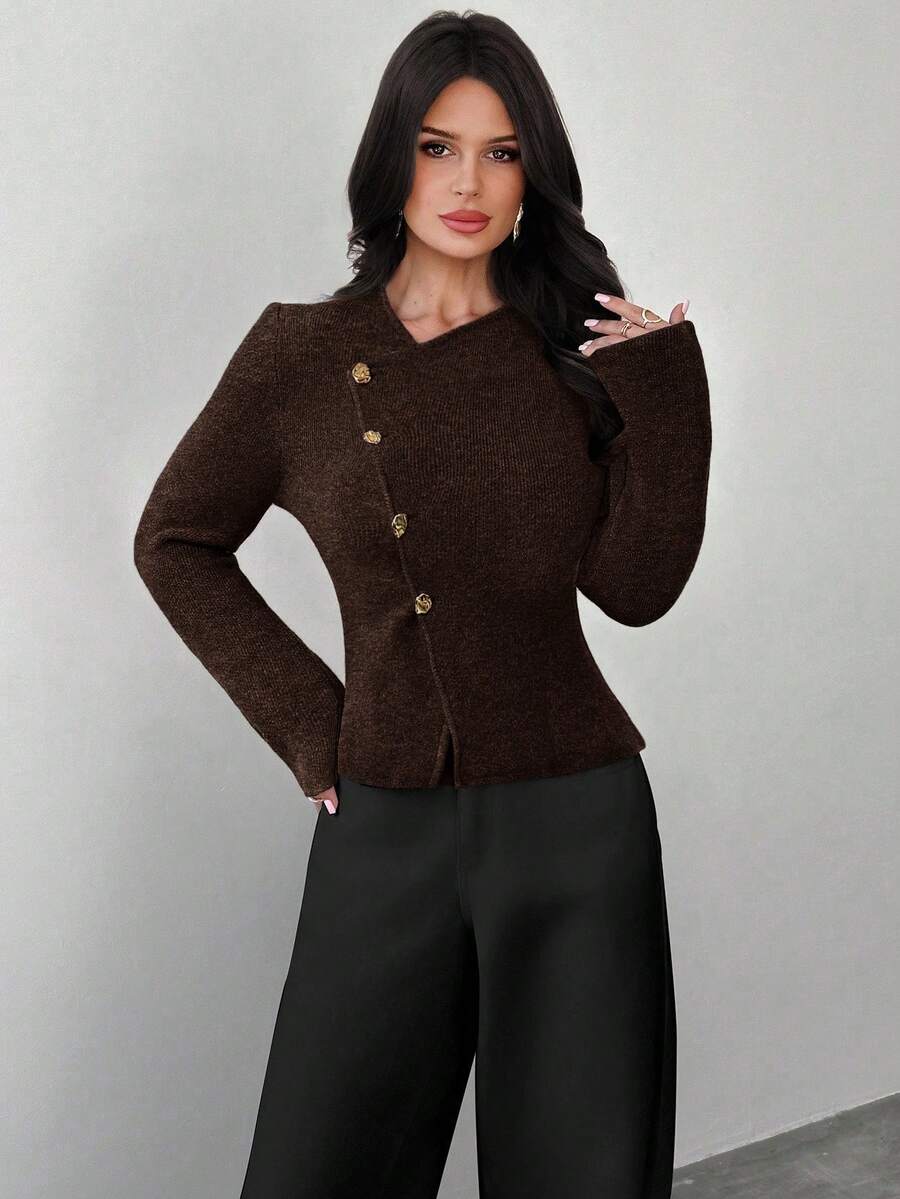 Firerie كنزة صوفية نسائية بياقة على شكل حرف V عميقة مزينة بأزهار، أزرار معدنية أمامية، أكمام طويلة، ملابس محبوكة للارتداء اليومي، وصول جديد للربيع والخريف والشتاء - بني - مشاهدة 1