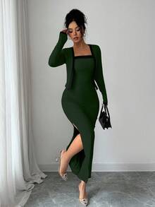 SHEIN Elenzya 两件套女士优雅撞色长袖开衫吊带裙套装，适合派对、家庭聚会、圣诞节、万圣节、情人节、新年、通勤和日常休闲穿着，秋冬季 - 墨綠色 - 查看 6