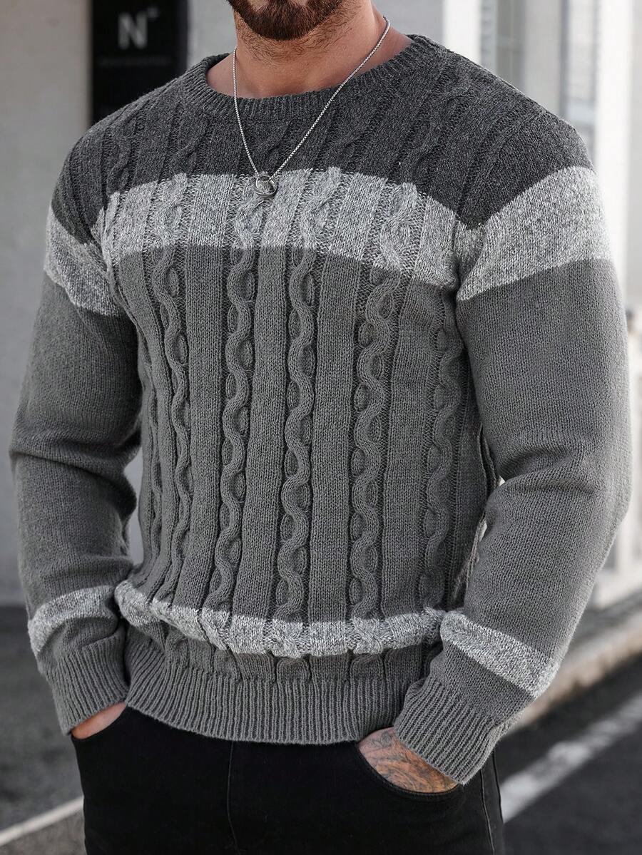 Manfinity Homme Men's Casual Crew Neck Long Sleeve Sweater With Cable Pattern And Contrast Color, Autumn/Winter Mens Jumpers - Multicolor - View 1