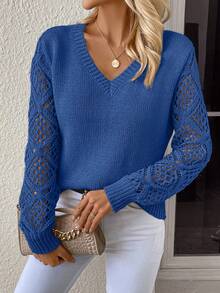 SHEIN Clasi Plus Size Solid Color Hollow Out Patchwork Knit Sweater, Casual For Autumn/Winter - Teal Blue - View 1