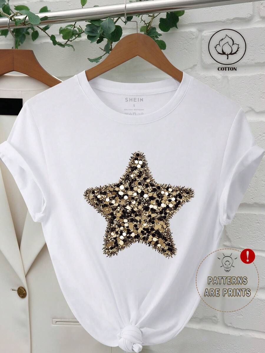 INAWLY 女士亮片星星印花圆领休闲短袖 T 恤 - 白色 - 查看 1