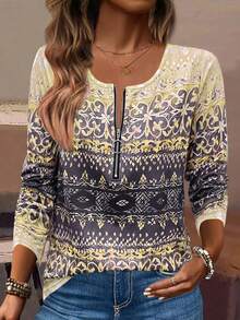 EMERY ROSE 女士印花圆领长袖休闲T恤，春夏图案T恤，女士春季上衣 - 彩色 - 查看 1