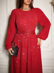 Flirla Plus Size Women's Solid Color Elastic Knit High Collar Cinched Waist With Hollow Metal Buckle Decor Bodycon Maxi Dress With Slit Hem, Chocolate Brown, Elegant Vintage French Street Style, Versatile, Suitable For Halloween, Christmas, Thanksgiving, Afternoon Tea Party, Semi-Formal Occasions, Autumn/Winter - Red - View 9