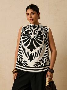 Travachic 复古印花休闲宽松无袖女式上衣 - 杏色 - 查看 4