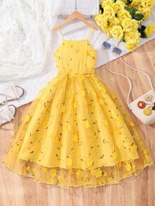 SHEIN Sparklyn Tween Girl Elegant Party Floral 3D Embroidered Mesh Strap Dress - Yellow - View 3