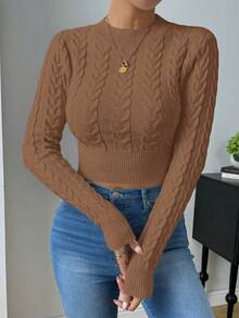 Zielony Women's Solid Color Fitted Twist Cable Crew Neck Casual Long Sleeve Pullover Sweater - Khaki - View 4