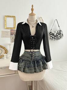 Elamini Women's Striped Tie-Up Long Sleeve Cropped Fashionable Fitted Patchwork Collar Shirt