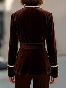SHEIN LUNE Women's Velvet Ribbon Decorated Blazer - Coffee Brown - View 2