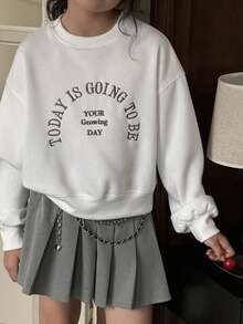 Dazy Kids Tween Girl Drop Shoulder Casual Crew Neck Slogan Embroidered Fleece Sweatshirt, Autumn/Winter - White - View 5