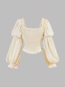 SHEIN Girlism 少女杏色休闲百搭方领露肩褶皱泡泡袖春夏新款短款上衣 - 杏色 - 查看 2