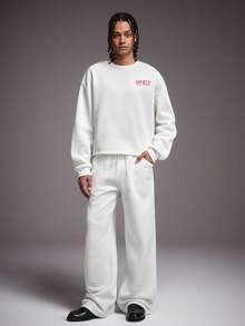 STYNVO 男士休闲标语刺绣套头卫衣和裤子两件套 - 白色 - 查看 2