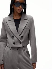 Aveloria Affinna French European Style Classic Striped Lapel Short Blazer Paired With Wide Leg Pants, Elegant Business Women 2 Pieces Set - Multicolor - View 7