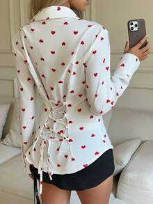 SHEIN EZwear Áo sơ mi nữ dệt hình trái tim đỏ nền trắng - trắng - Xem 6