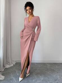 Elenzga Women's Solid Color Overlap V-Neck Long Sleeve Waist Ruched Metal Decor Elegant Dress - Dusty Pink - View 6