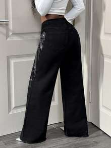 Slaydiva Women's High Waist Pockets Rhinestone Embellished Wide Leg Loose Casual Versatile Jeans - Black - View 5