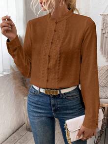 EMERY ROSE Women's Solid Color Contrast Lace Long Sleeve Single-Breasted Elegant Blouse