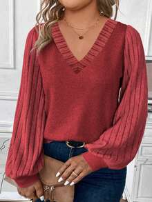 EMERY ROSE Plus Size V-Neck Ribbed Puff Sleeve Basic T-Shirt, Red, Casual Autumn/Winter Fall - Red - View 4