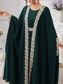 Al Najma 2025 New Muslim 2 Pieces Set, Heavily Embroidered Cardigan With Sash & Long Dress - Dark Green - View 7