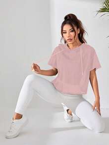SHEIN Sports 2件套女式纯色短袖抽绳连帽运动衫套装 - 彩色 - 查看 5