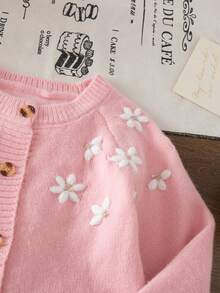 SHEIN Cute Floral Pattern Pink Cardigan, Versatile For Autumn/Winter, Babygirl