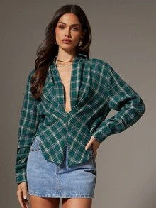 Denimoi 休闲长袖女士扭结前襟低领格子上衣 - 綠色 - 查看 3