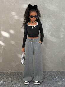 Coolane Kids Tween 女童休闲宽松灰色运动裤 - 深灰色 - 查看 3