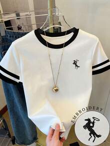 SHEIN 女士大码T恤/保罗火枪手印花/刺绣/刺绣款式、装饰、/时尚T恤/女士超宽松休闲撞色大码圆领T恤上衣/春夏 - 彩色 - 查看 1