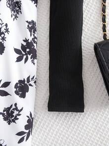 SHEIN Váy họa tiết hoa nhiều màu sắc thường ngày cho bé gái tuổi teen, mùa thu - Đen và trắng - Xem 6