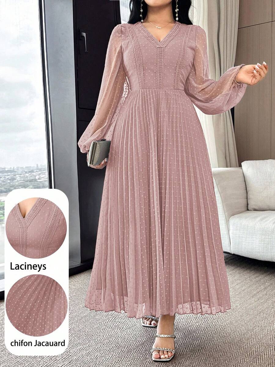 Modelyn Gaun Wanita Elegan Panjang Sedang dengan Detail Renda Kontras, Leher V, Jala, Lengan Lentera, dan Hem Berlipit