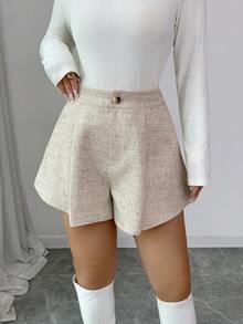 Elenzga Pantalones cortos con cremallera frontal plisada y textura de tela elegante para mujer, otoño/invierno - Caqui - Ver 5