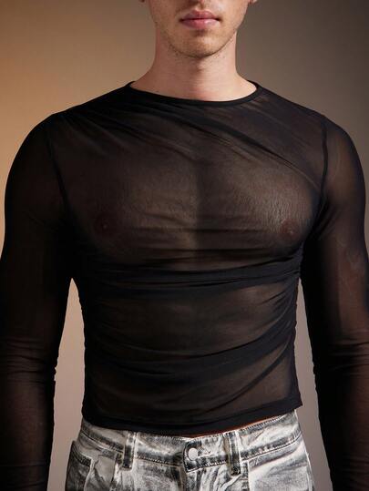 FeverCity Camiseta de manga larga asimétrica de cuello redondo casual y transparente de malla para hombres