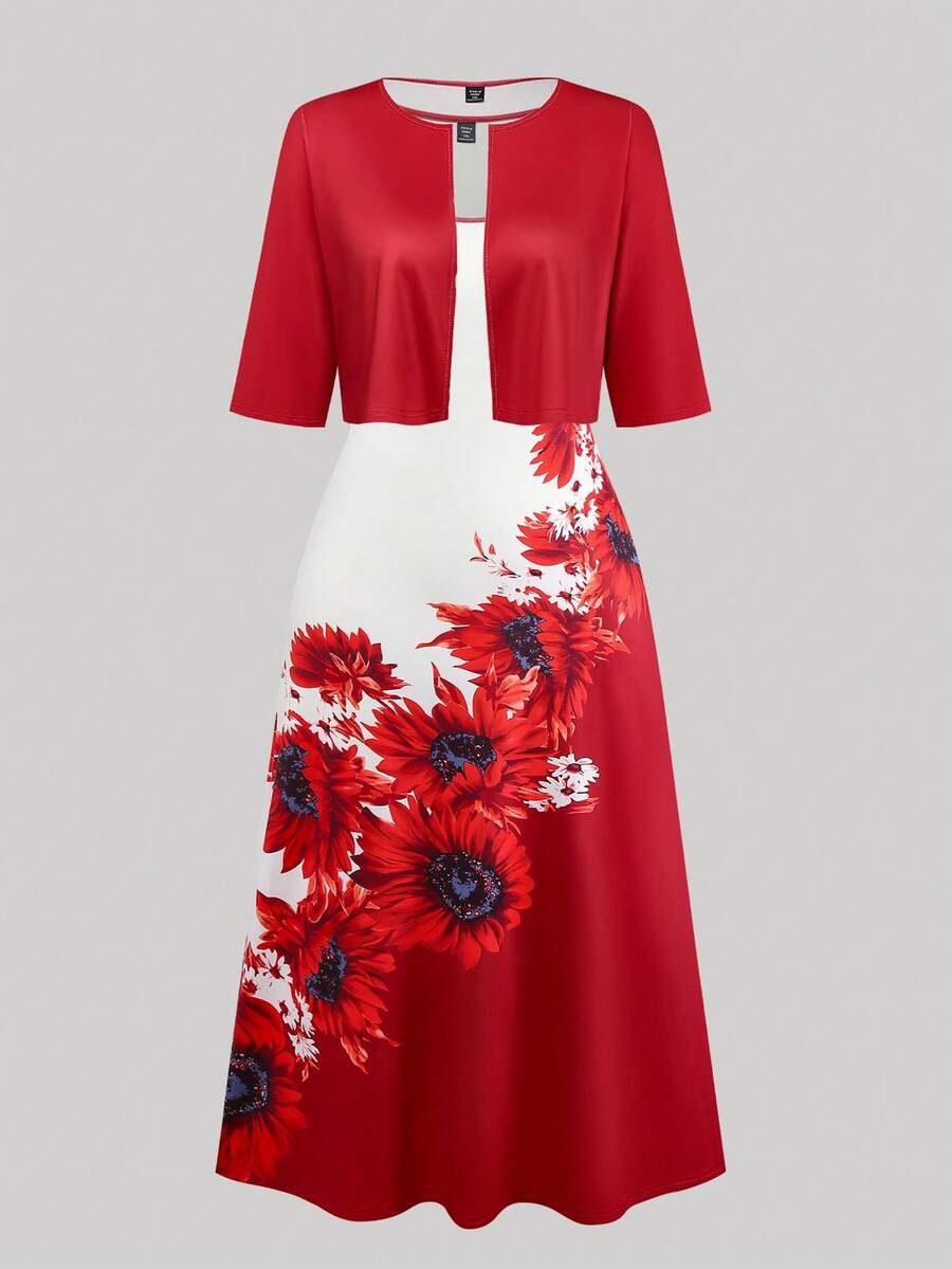 Franclia 两件套：V领吊带连衣裙和短袖开襟羊毛衫 - 酒紅色 - 查看 1