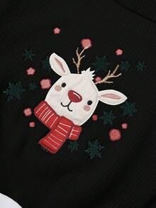ROMWE 女士可爱驯鹿和雪花刺绣毛衣，圣诞节 - 黑色 - 查看 5