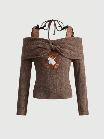 Blouse ajustée sexy à épaules dénudées avec motif nœud, patchwork de dentelle et design kawaii ours pour femmes