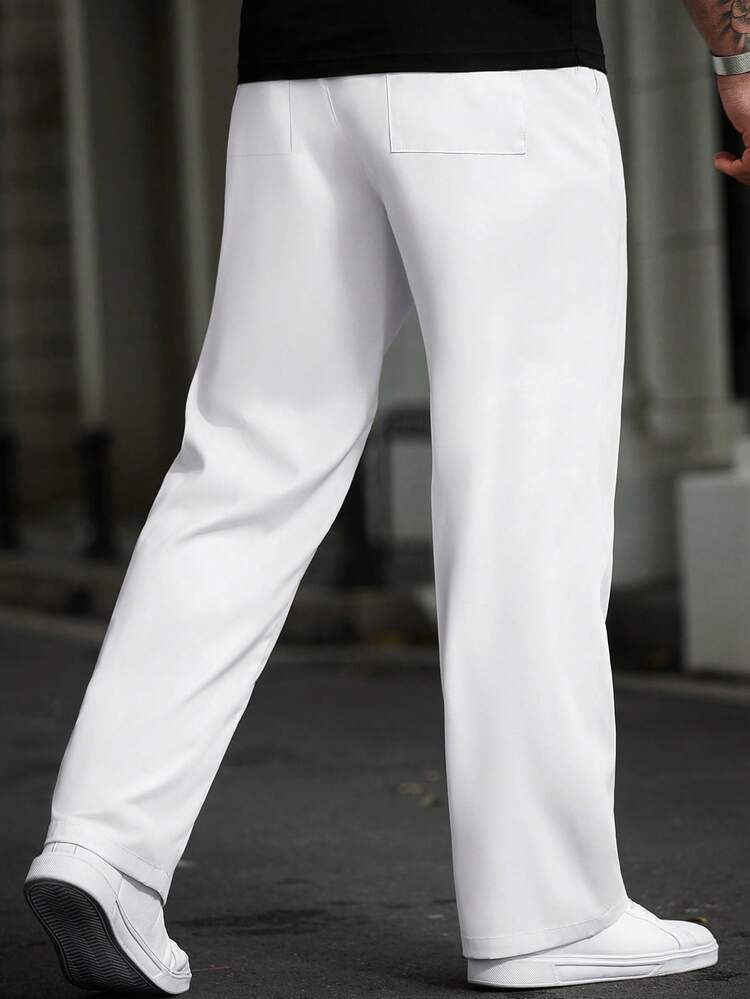 Manfinity Homme بنطلون رجالي بحجم كبير ذو لون أحادي مع جيوب وساق مستقيمة فضفاضة للاستخدام اليومي، خريف - أبيض - مشاهدة 2