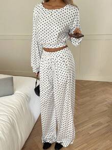 SHEIN EZwear 白色波尔卡圆点女式不对称肩上衣和休闲裤套装 - 白色 - 查看 5