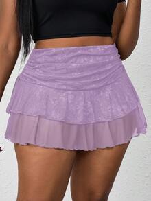 SHEIN PETITE CURVE 大尺碼女款腰部抓皺對比蕾絲裙 - 淡紫色 - 查看 6