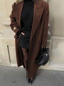 Glamine Classic Solid Color Urban Business Commute Women's Charming Elegant Fashion Coat, Lapel Decoration Autumn/Winter Outfit, Elegant Urban Street Chic Brown Wool Blend Jacket For Ladies
