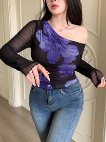 Modelyn Women's Black Solid Color Mesh Patchwork Mesh Print Asymmetric Ruched Plus Size T-Shirt - Blue - View 7