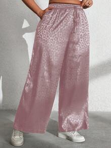 Vionelle Plus Size Casual Commuter Leopard Print Wide Leg Pants Satin Pants Cheetah Pants Silk Pants Leopard Pants - Dusty Pink - View 5