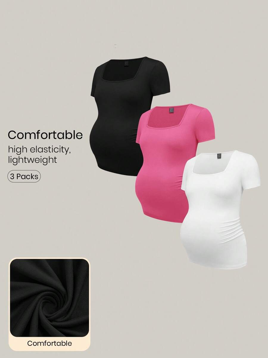 Modmama 3pcs/Set Maternity Casual Solid V-Neck Short Sleeve T-Shirts, Black/White/Gray, Fitted, Suitable For Summer - Hot Pink - View 1