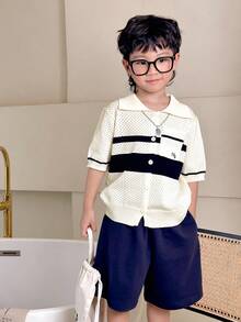 DAZY 男童拼色条纹短袖针织镂空时尚毛衣