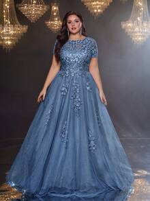 Glamrae 优雅浪漫奢华网纱串珠刺绣短袖贴花A字裙摆连衣裙，适合晚宴、单身派对、约会、舞会、假日、音乐节、婚礼，也适合大码新娘和母亲，情人节适用。 - 霧霾藍 - 查看 1