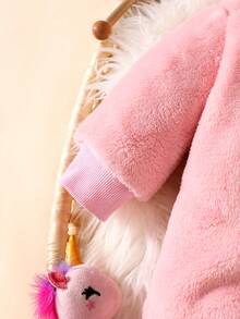 SHEIN Bộ đồ liền thân kỳ lân dễ thương cho trẻ sơ sinh kèm mũ 3D đáng yêu, áo liền quần dài tay kèm quần, bộ quần áo trẻ em - Hồng - Xem 3