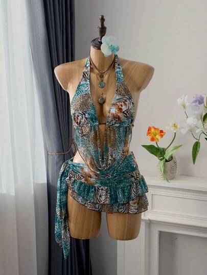 Bellisia 3pcs Women's Floral Ruffled Draped Neck Bikini Set With Animal Print, Tie Side Bow, Spring/Summer Boho Swimsuit One Piece Bathing Suit With Cover Up Vintage Swimsuits For Woman